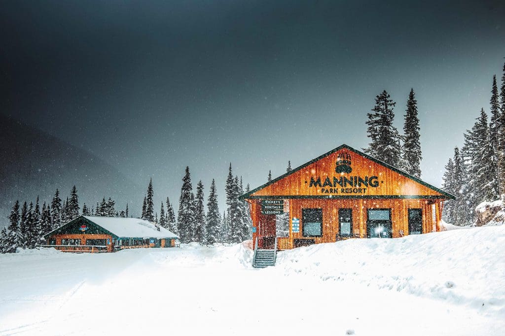 manning park resort buildings covered in snow