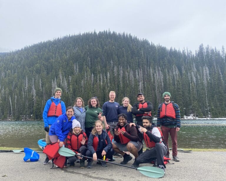 A group of Manning Park Resort staff after kayaking at the lightning lake.