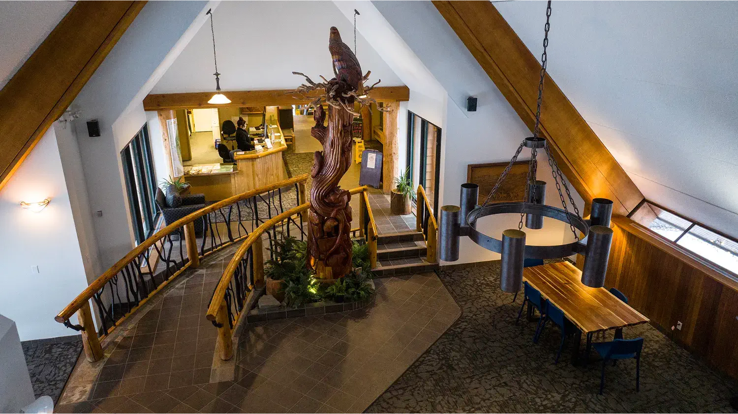 Interior of Manning Park Resort Lodge, highlighting cozy common areas and rustic mountain charm.