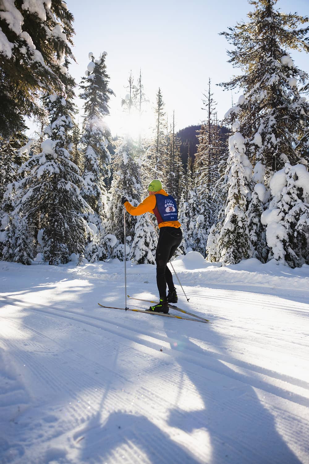 Person cross-country skiing through scenic winter trails in Manning Park BC.