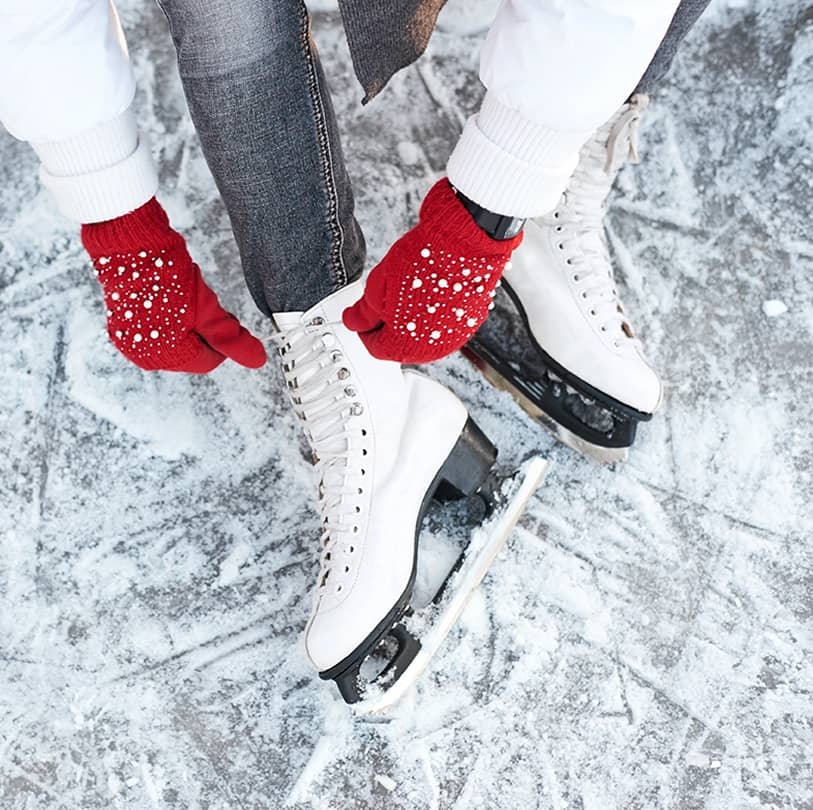 Close-up of ice skates ready for winter skating at Manning Park Resort.